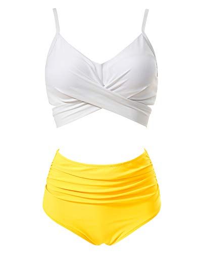 OMKAGI Women High Waisted Bandage Bikini Top Wrap Push Up Swimsuits Two Piece(S,White Yellow)-coloredstr1ngs-