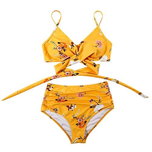 OMKAGI Women High Waisted Bandage Bikini Top Wrap Push Up Swimsuits Two Piece(S,White Yellow)-coloredstr1ngs-