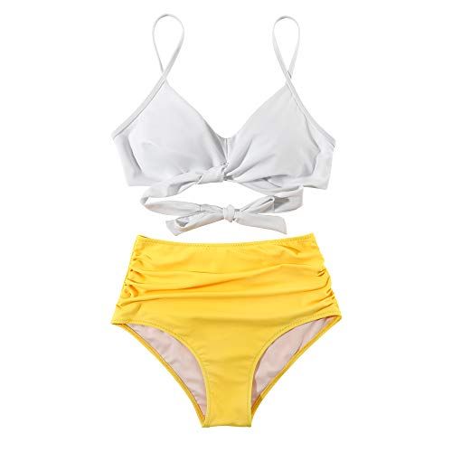 OMKAGI Women High Waisted Bandage Bikini Top Wrap Push Up Swimsuits Two Piece(S,White Yellow)-coloredstr1ngs-