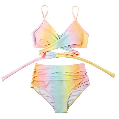 OMKAGI Women High Waisted Bandage Bikini Top Wrap Push Up Swimsuits Two Piece(S,White Yellow)-coloredstr1ngs-