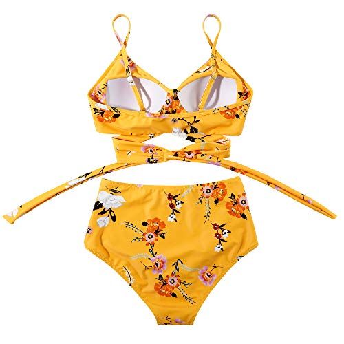 OMKAGI Women High Waisted Bandage Bikini Top Wrap Push Up Swimsuits Two Piece(S,White Yellow)-coloredstr1ngs-